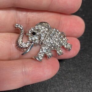 Silvertone Marching Little Baby Elephant Brooch Pin trunk up good luck